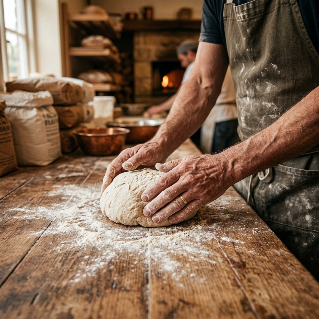 Manos artesanas amasando pan de masa madre